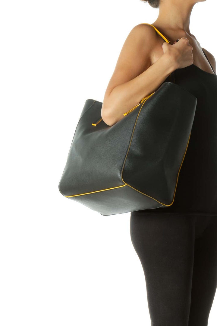 Black  & Yellow Contrast Piping Gold Hardware Tote