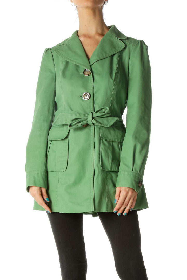 Green Waist Tie Pocketed Trench Coat