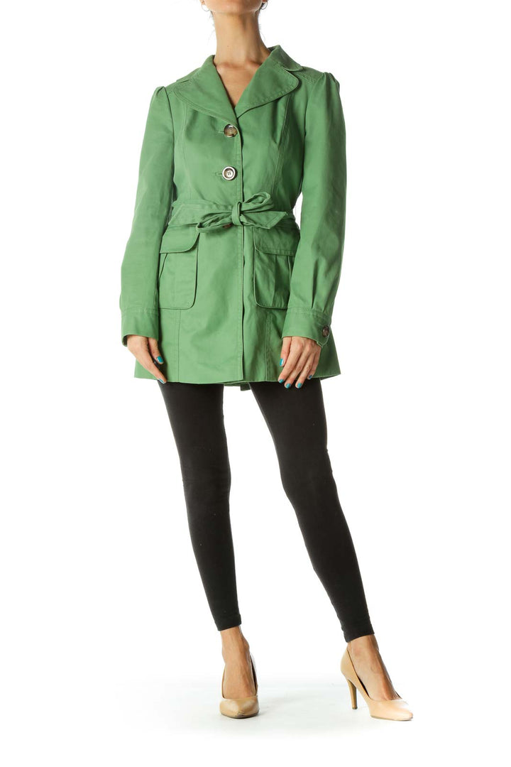 Green Waist Tie Pocketed Trench Coat