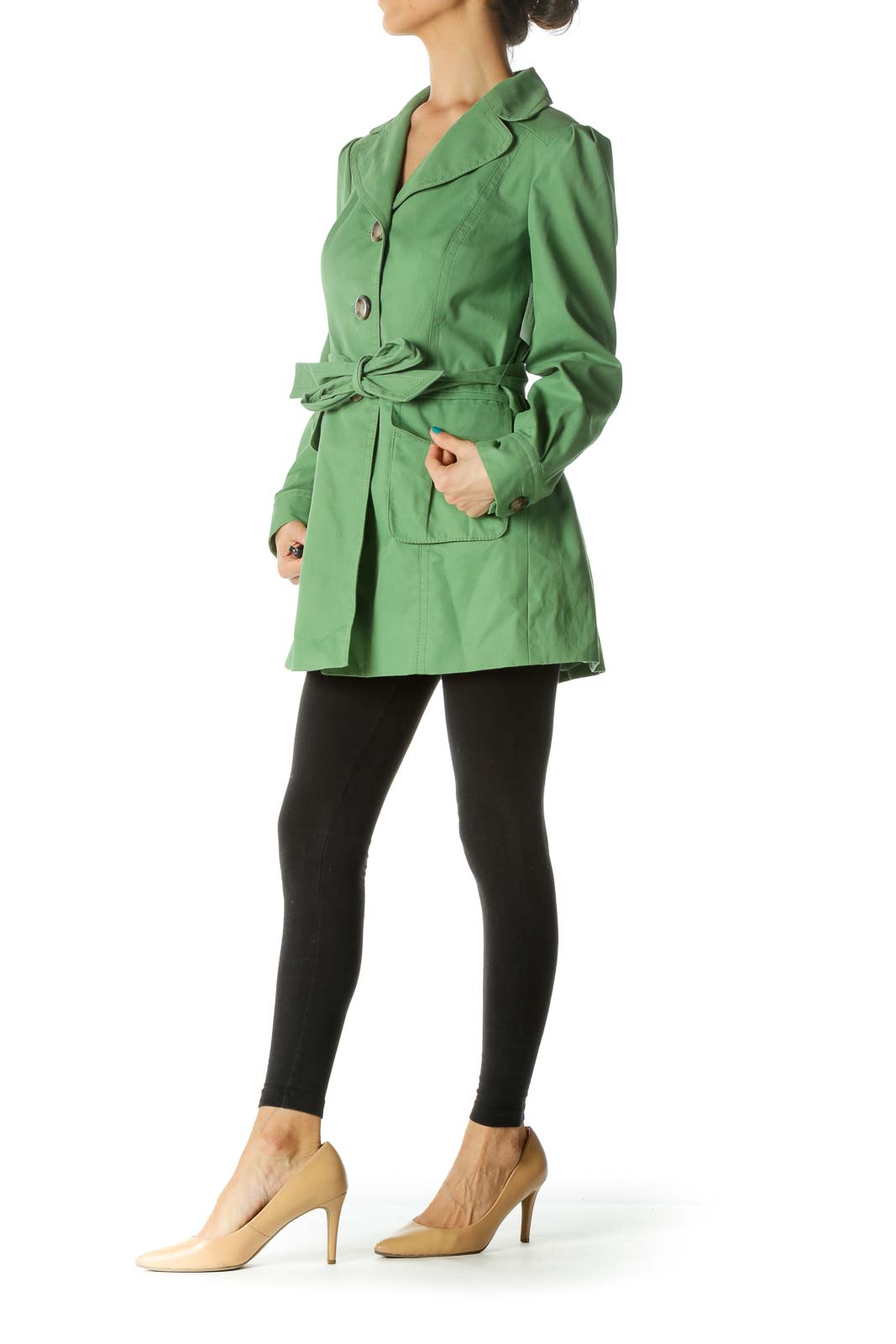 Green Waist Tie Pocketed Trench Coat