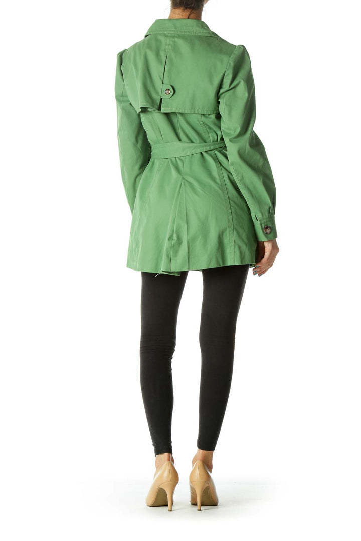 Green Waist Tie Pocketed Trench Coat