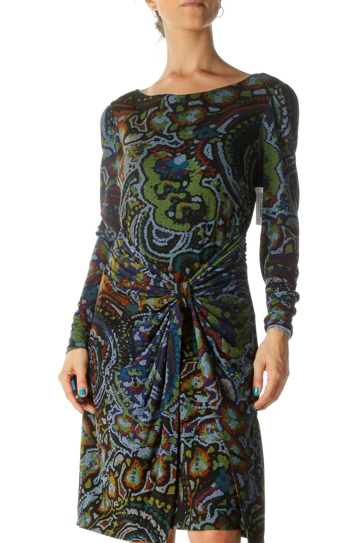 Blue and Green Multicolor Print Long Sleeve Work Dress