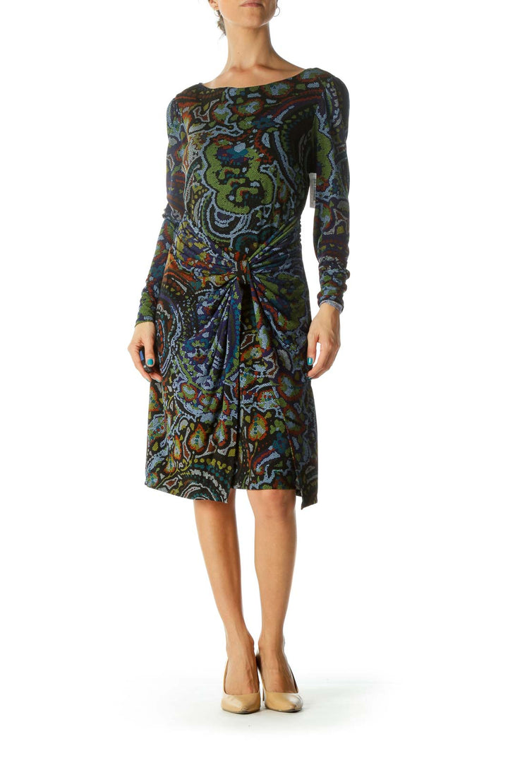 Blue and Green Multicolor Print Long Sleeve Work Dress