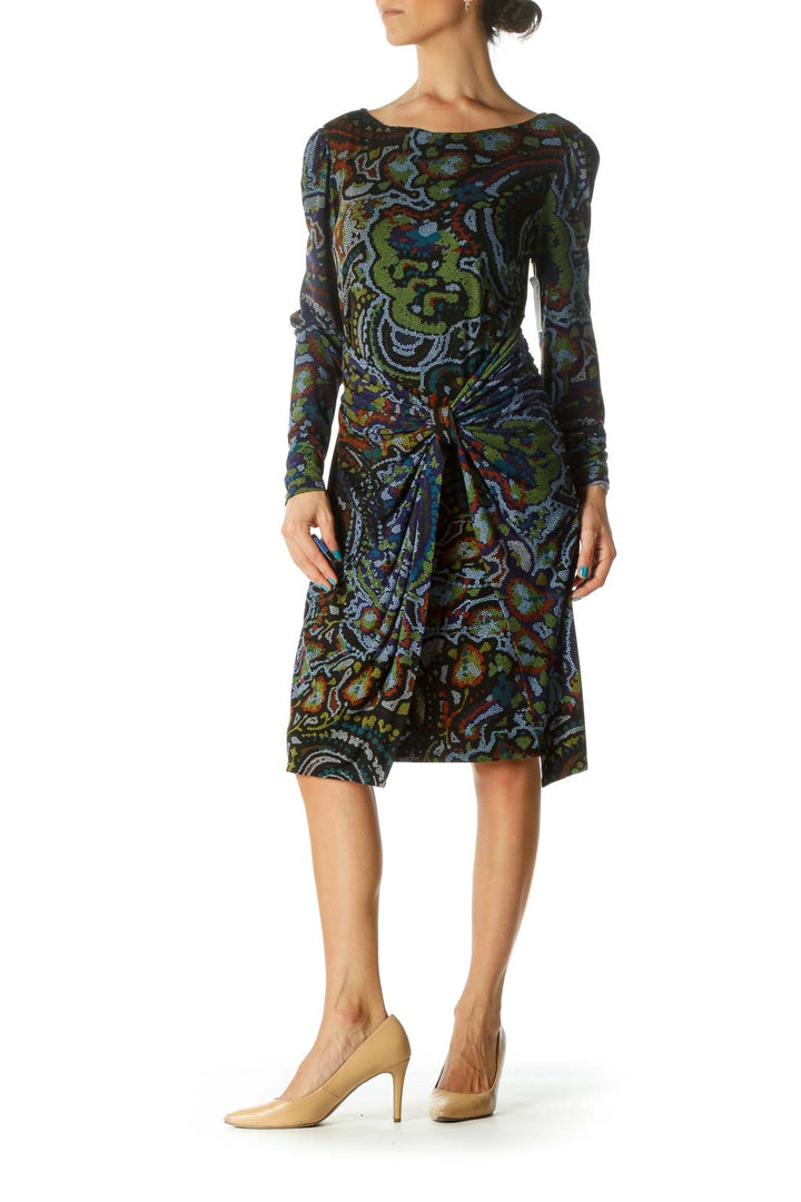 Blue and Green Multicolor Print Long Sleeve Work Dress