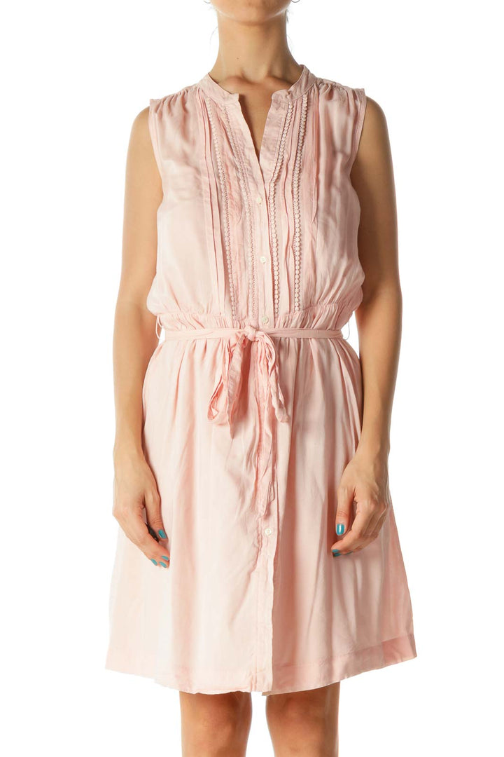 Light Coral Pink Pleated Belted Day Dress