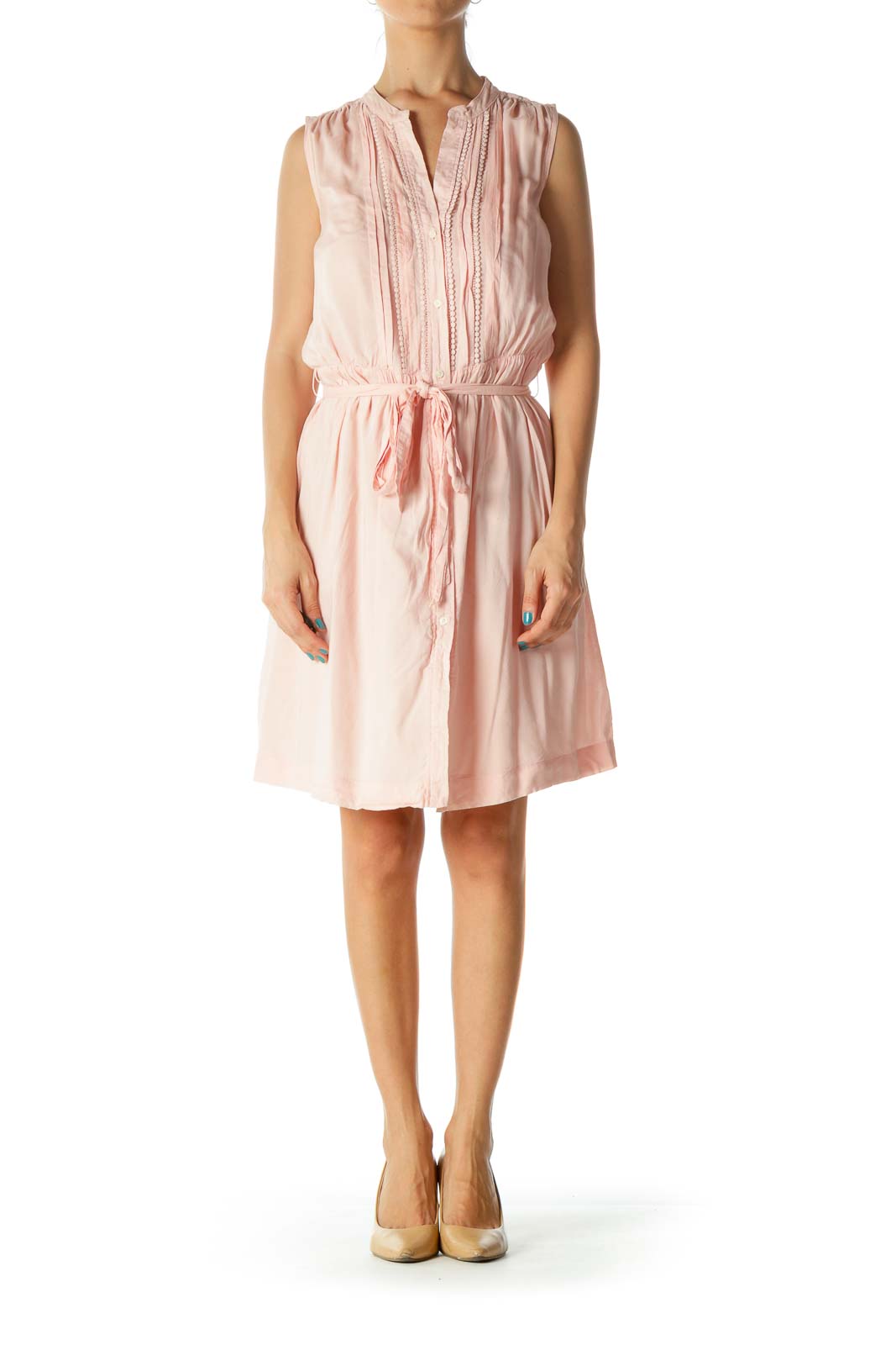 Light Coral Pink Pleated Belted Day Dress