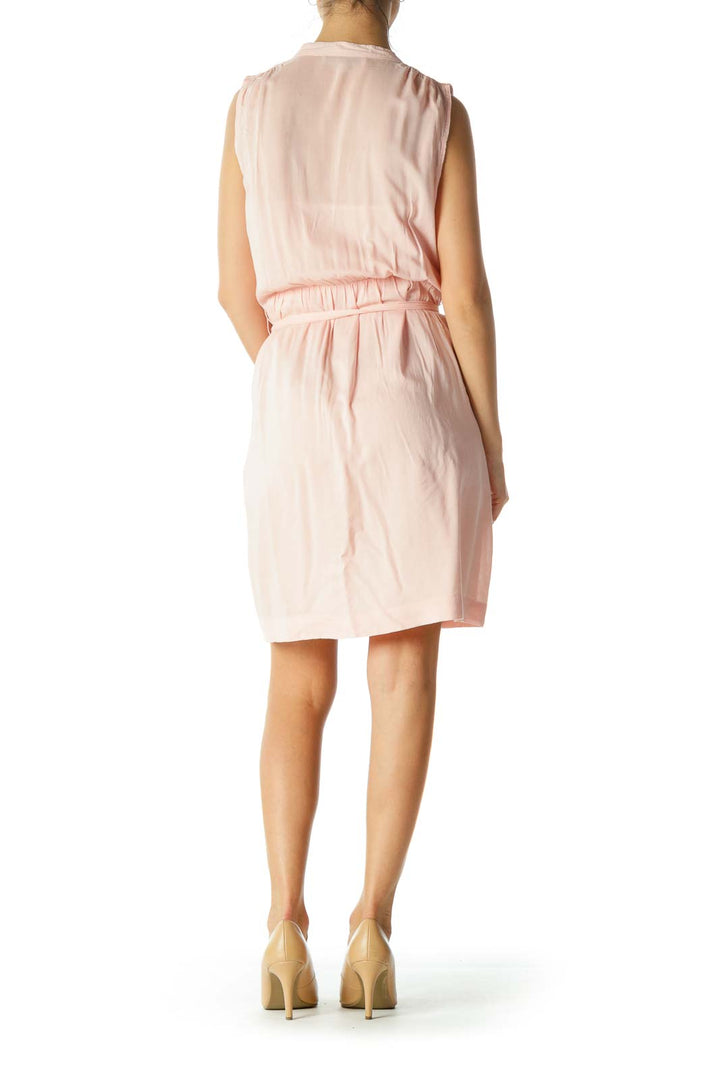 Light Coral Pink Pleated Belted Day Dress