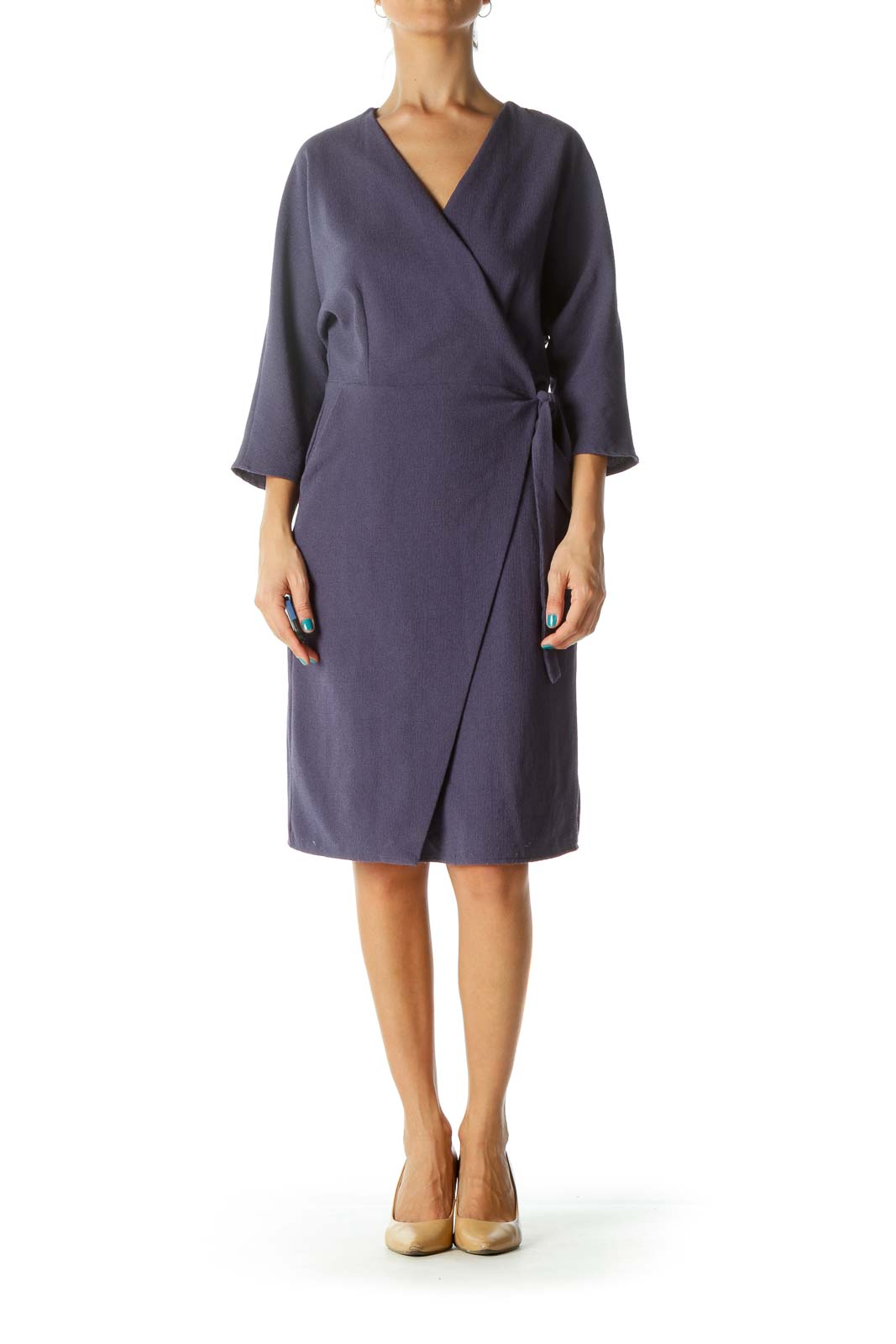 Blue Wrap Textured 3/4 Sleeve Dress