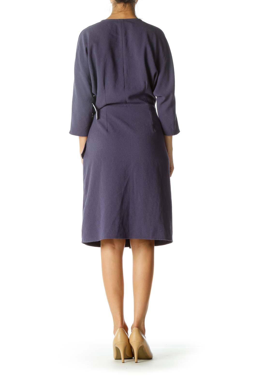 Blue Wrap Textured 3/4 Sleeve Dress