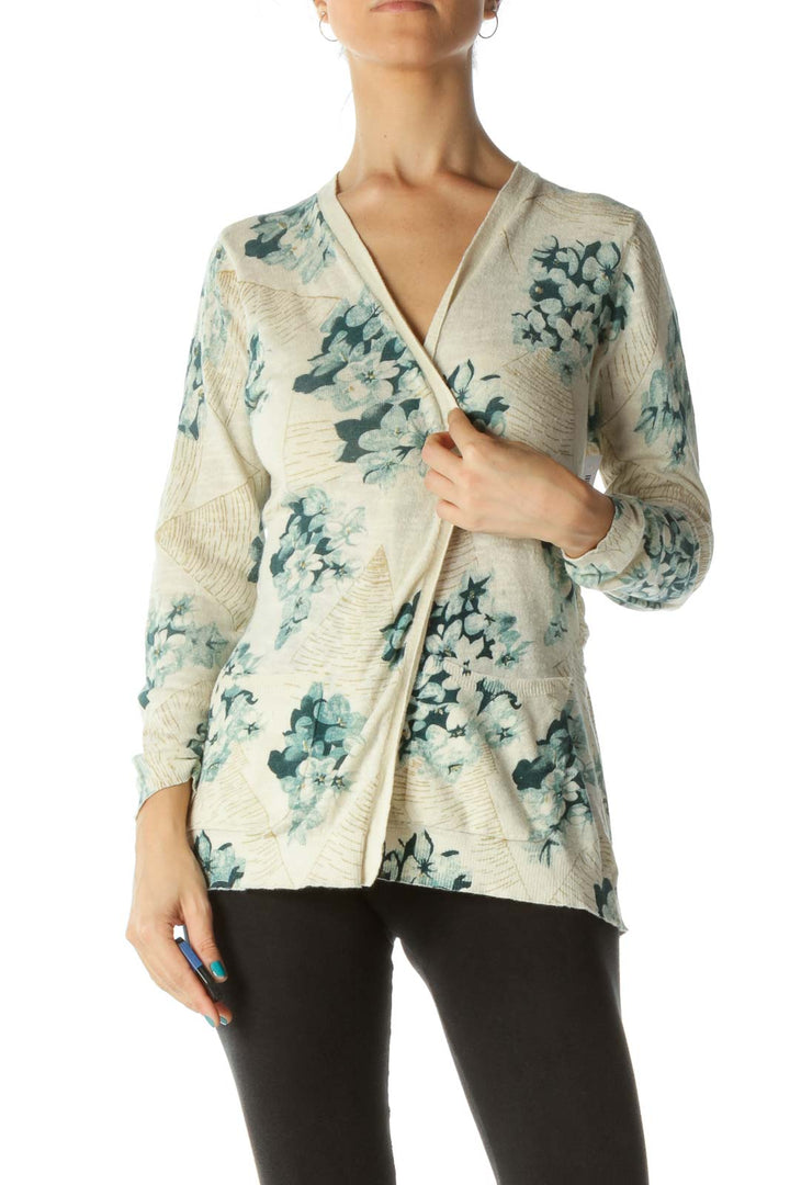 Green Beige Gold-Textured Back Detail Pocketed Cardigan