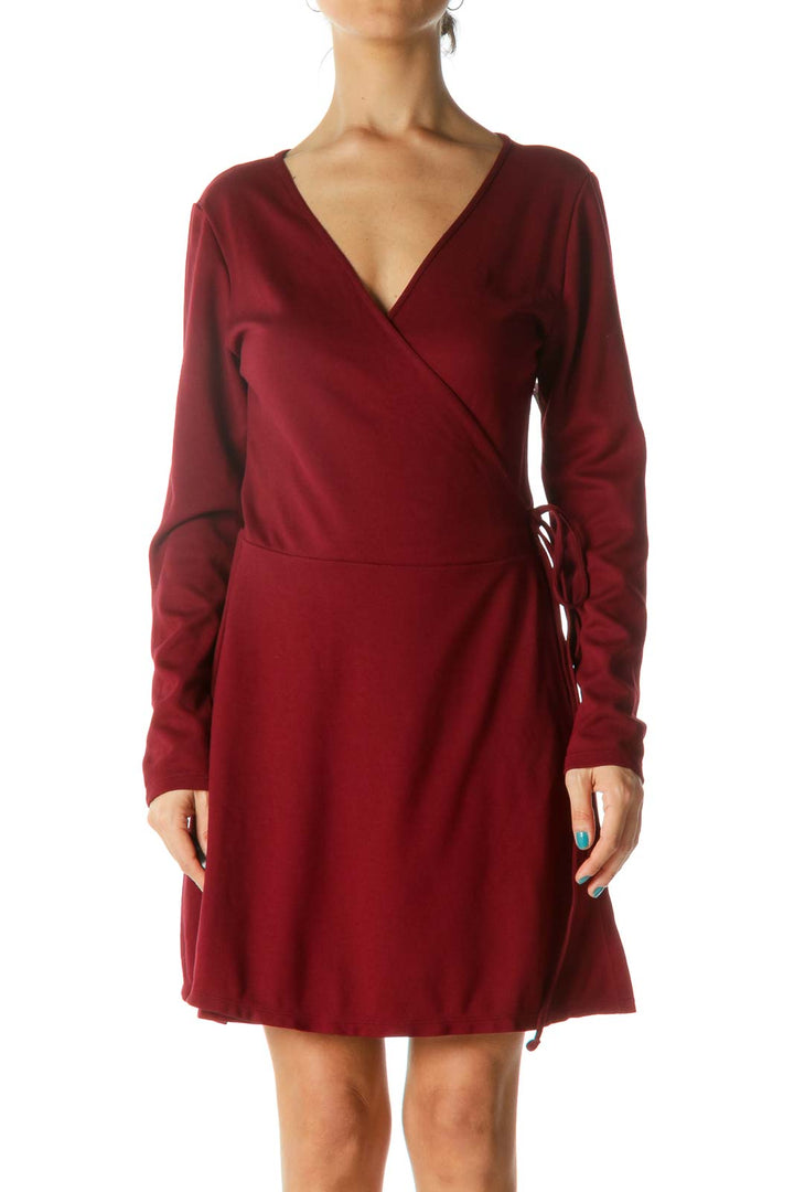 Dark Red Wrap Long Sleeve Dress