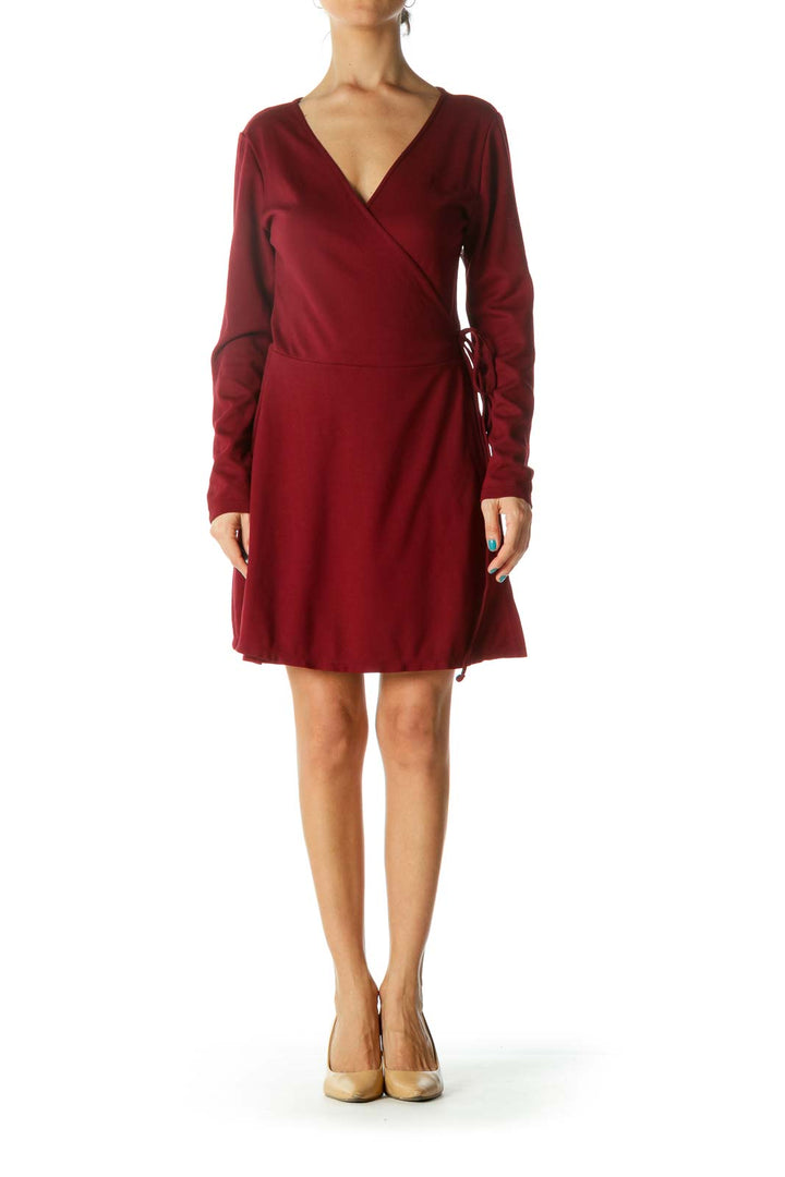 Dark Red Wrap Long Sleeve Dress