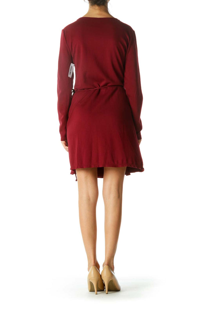 Dark Red Wrap Long Sleeve Dress