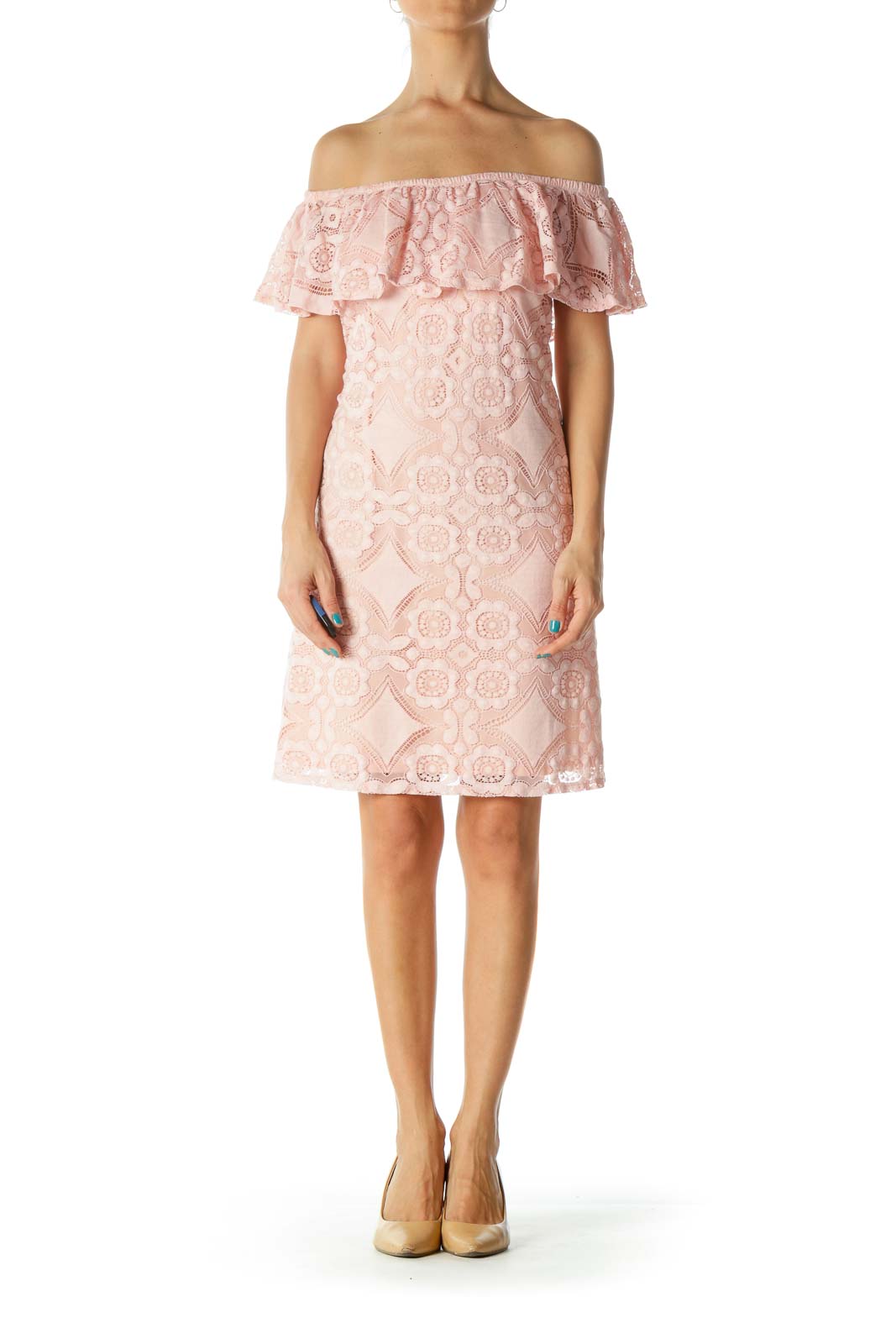 Pink Off-Shoulder Lace Dress