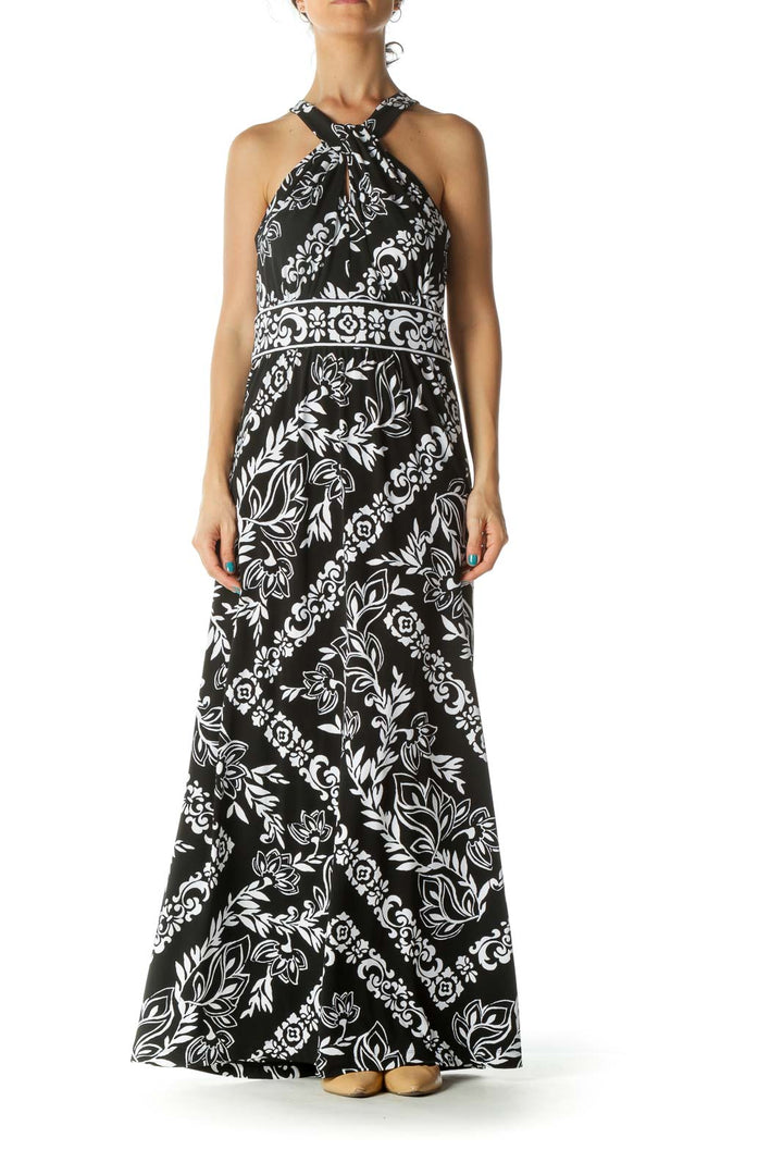 Black White Floral Print Keyhole Maxi Dress