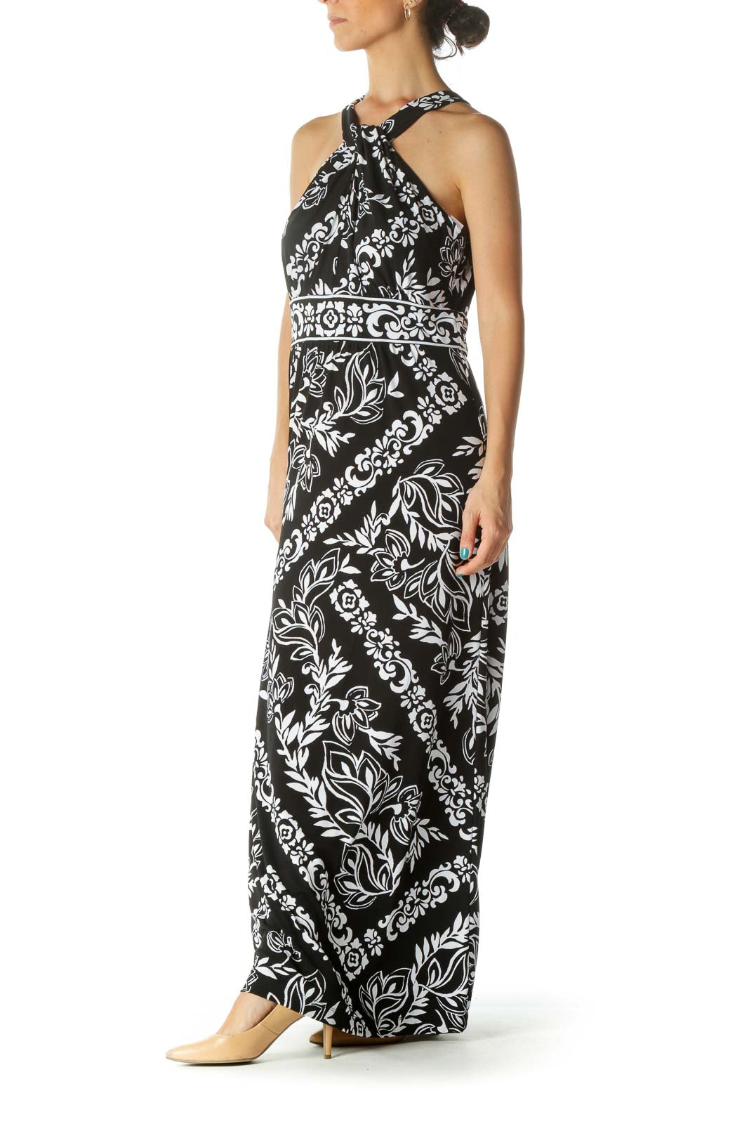 Black White Floral Print Keyhole Maxi Dress