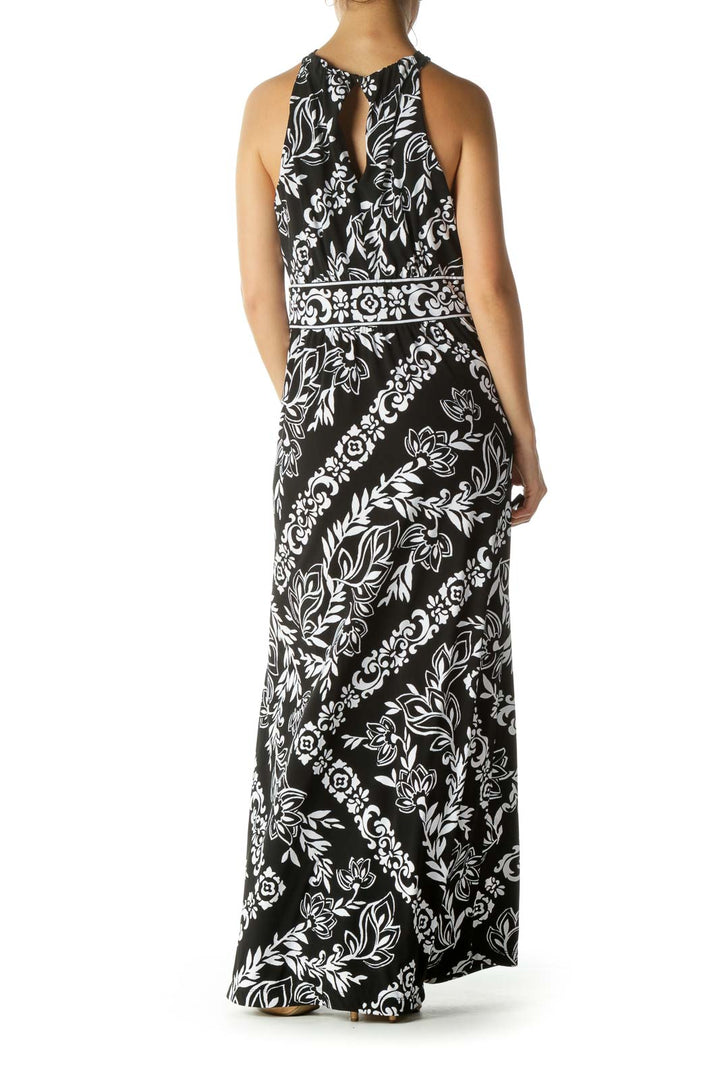 Black White Floral Print Keyhole Maxi Dress