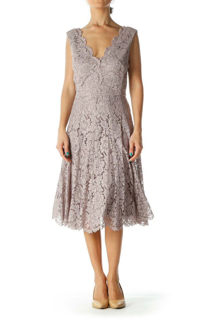 Light Purple V-Neck Lace Flared Dress