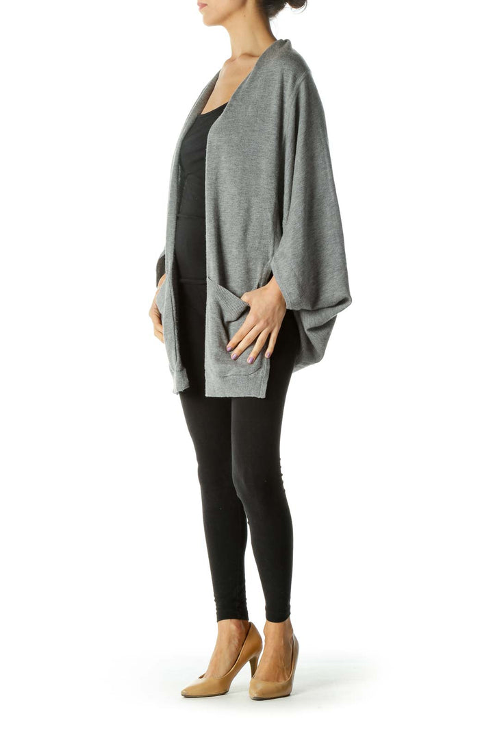 Gray Wool Blend Pocketed Open Cardigan