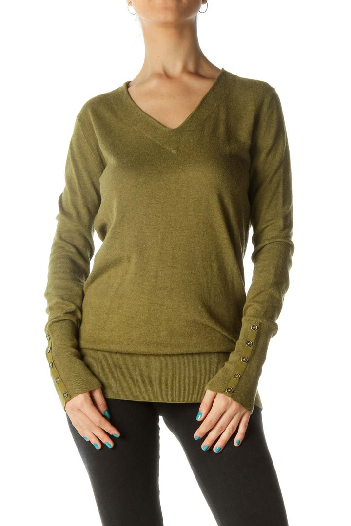 Green V-Neck Wrist Buttons Silk Pullover Sweater