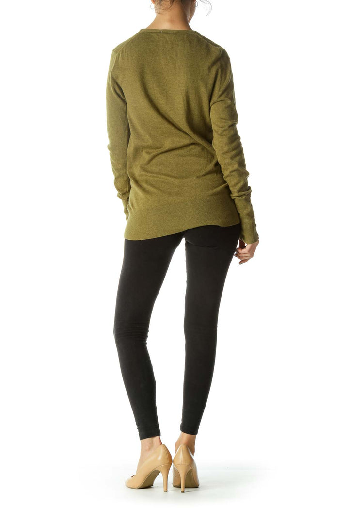 Green V-Neck Wrist Buttons Silk Pullover Sweater