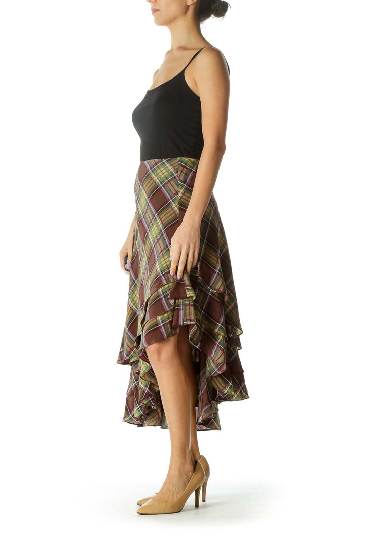 Brown and Green Multicolor Plaid Skirt