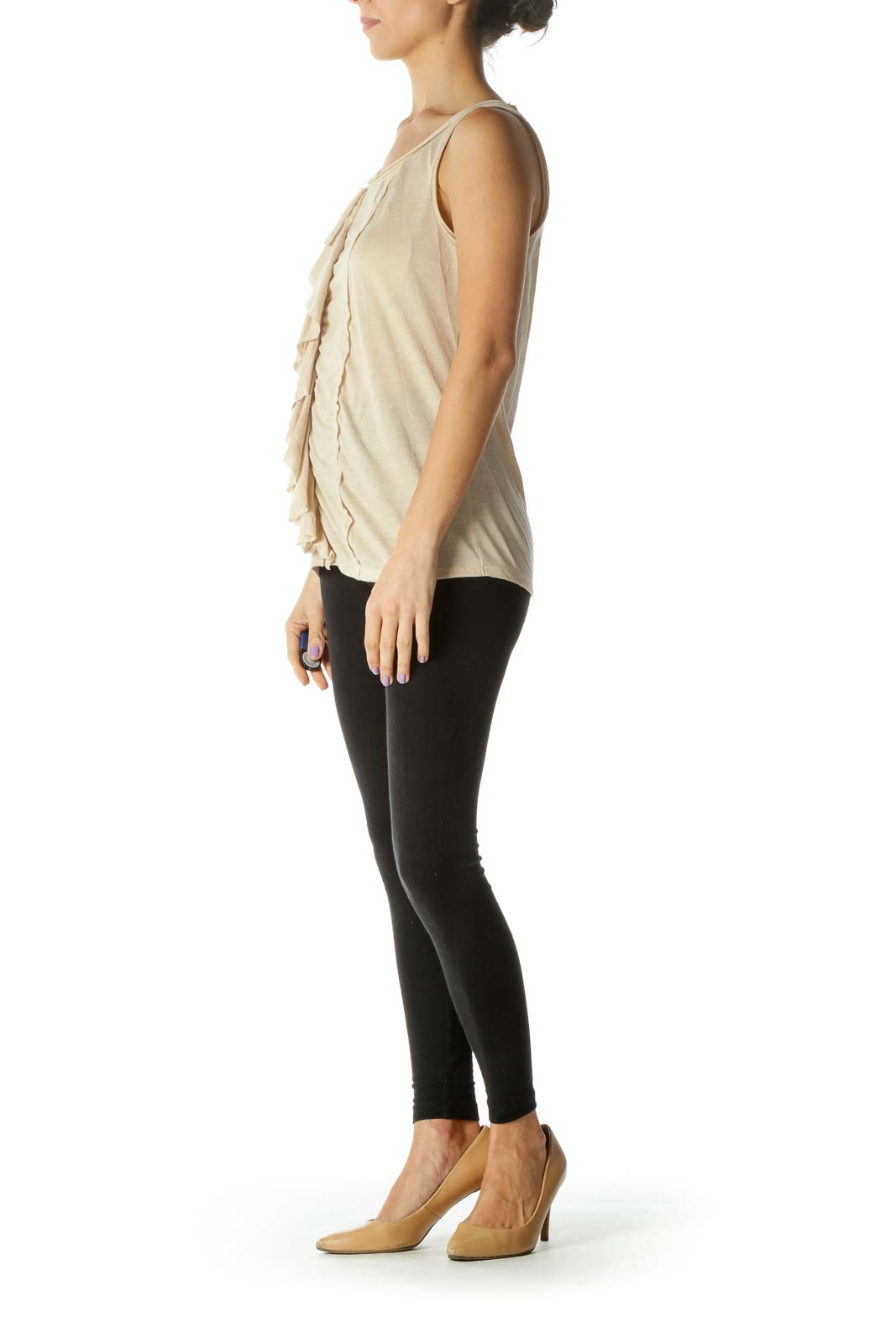 Beige Ruffled Jersey-Knit Tank Top