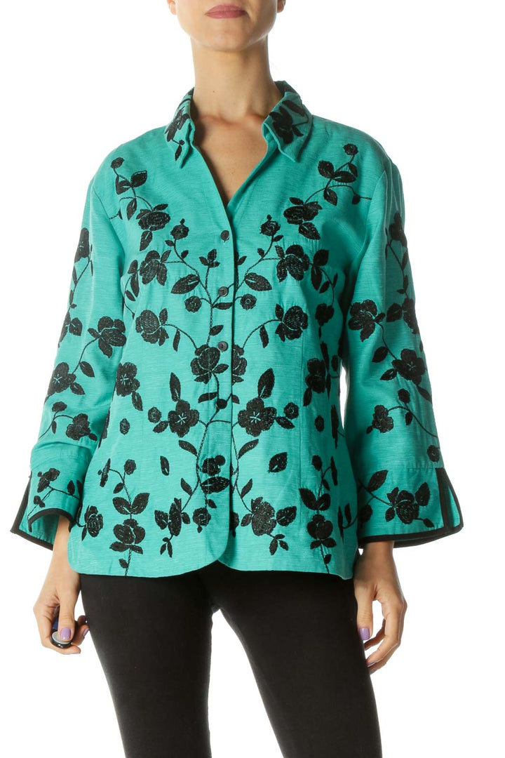 Green and Black Floral Print Button Down Shirt