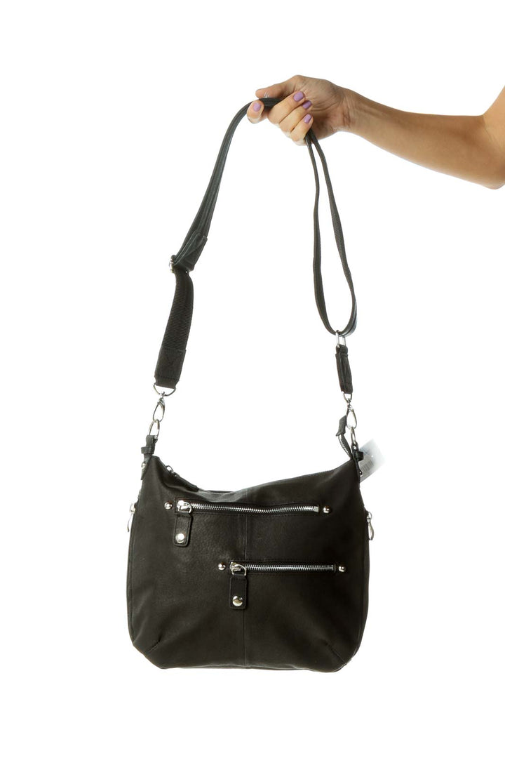 Black Leather Zippered Crossbody Bag