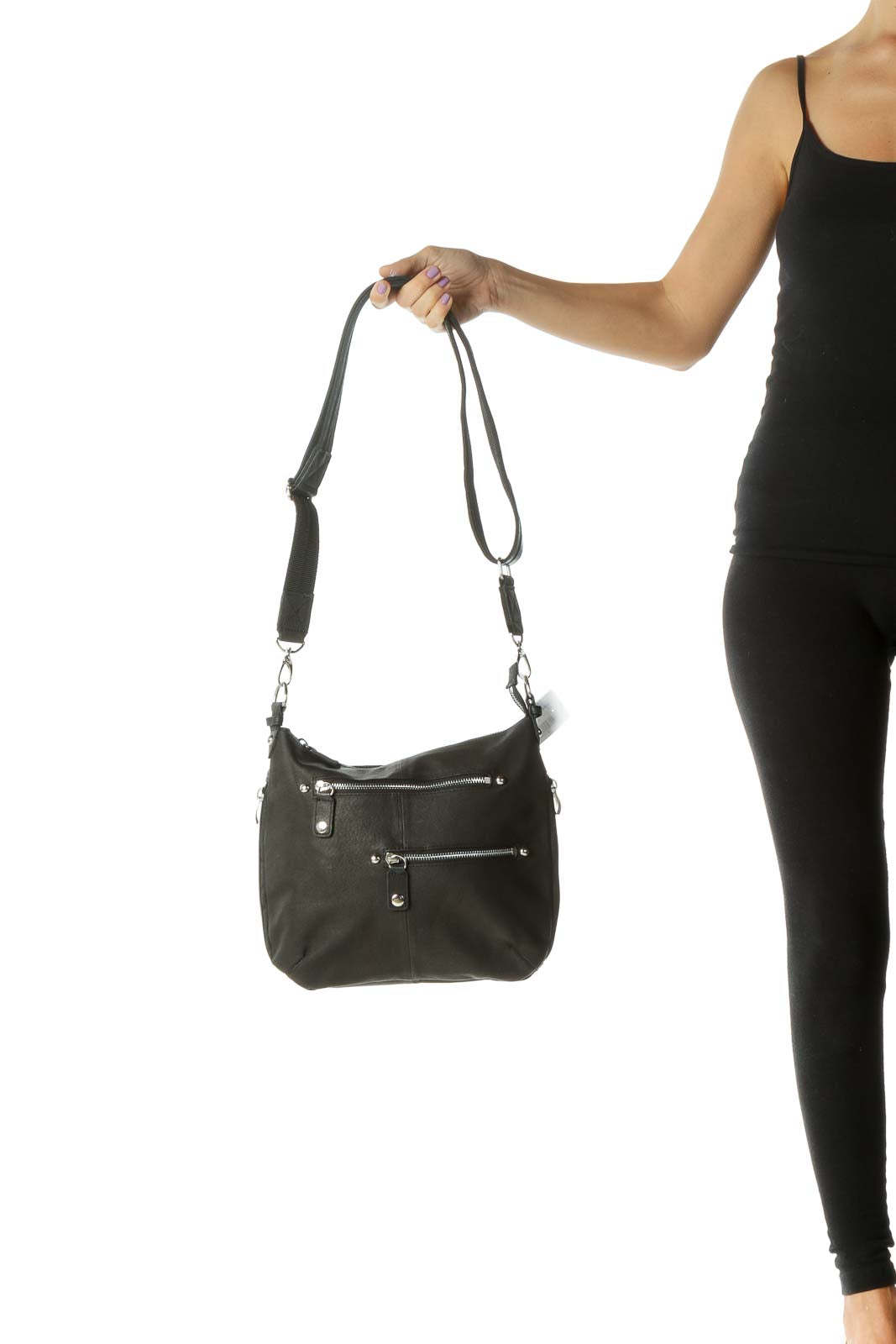 Black Leather Zippered Crossbody Bag