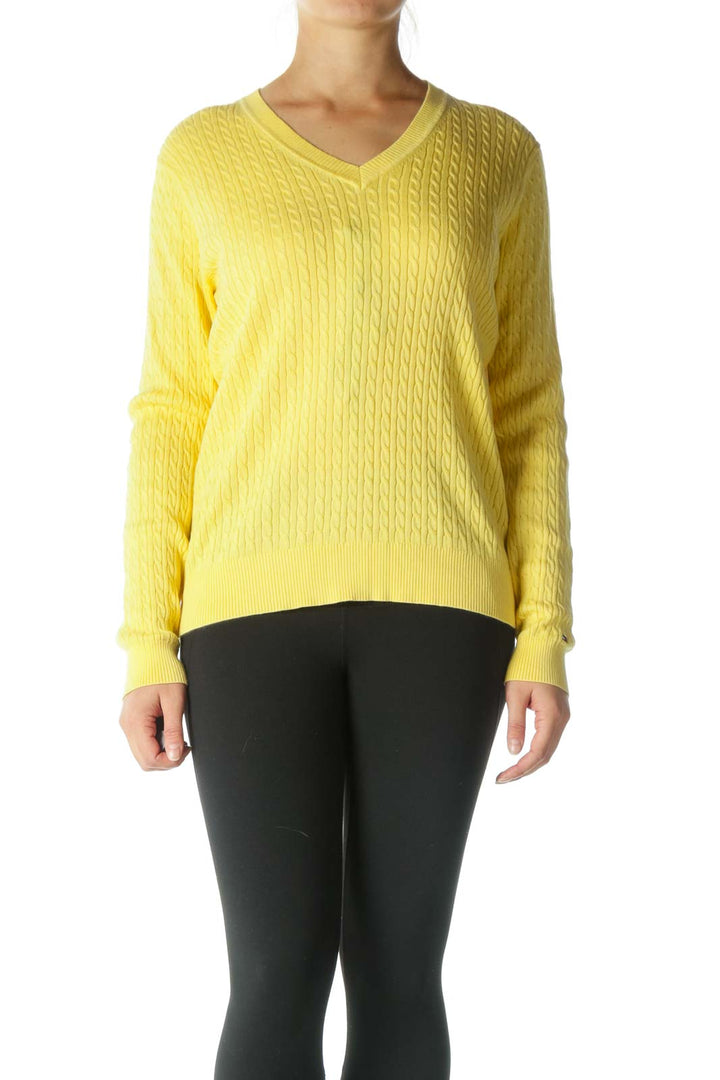 Yellow V-Neck Cable Knit Sweater