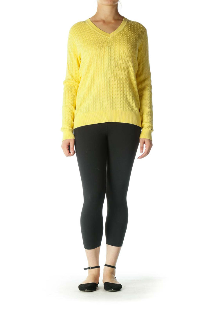 Yellow V-Neck Cable Knit Sweater