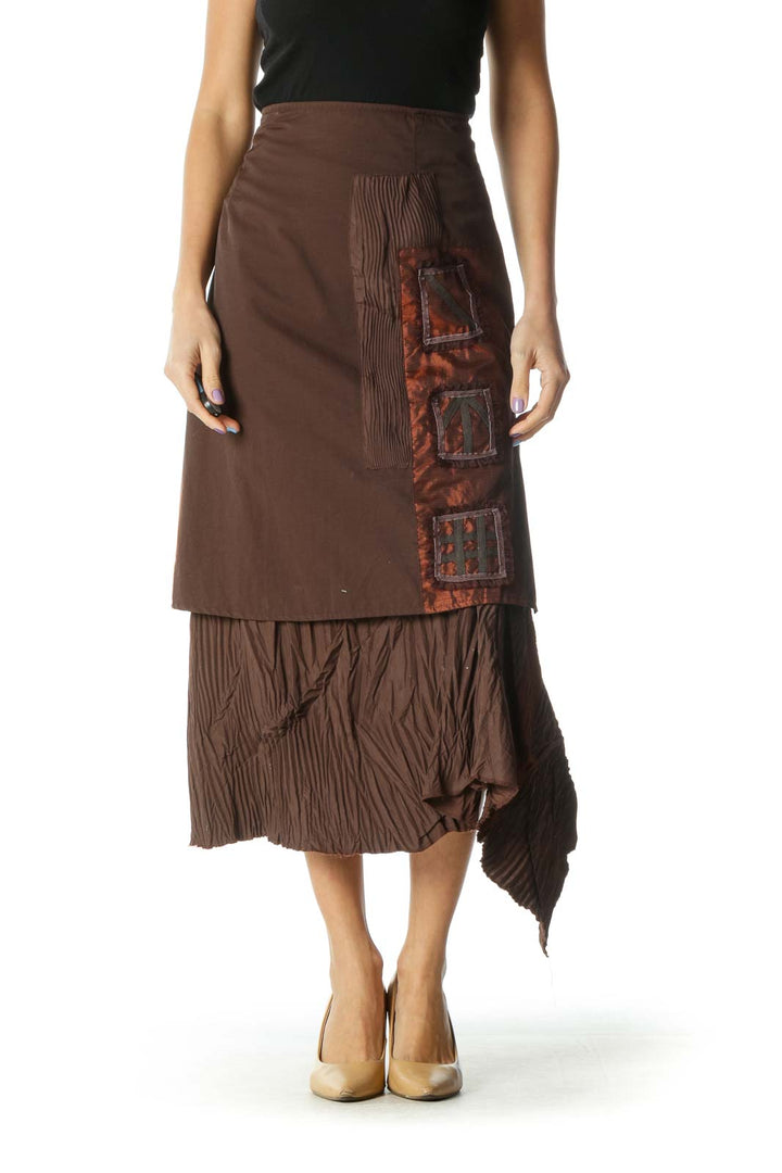 Brown Flared Skirt with Patchwork