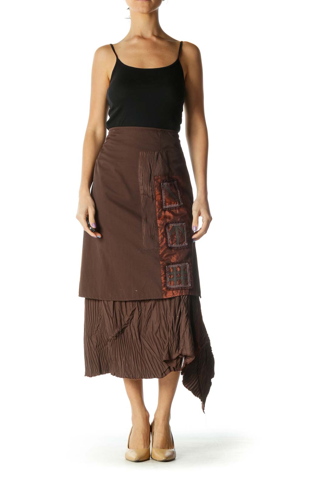 Brown Flared Skirt with Patchwork