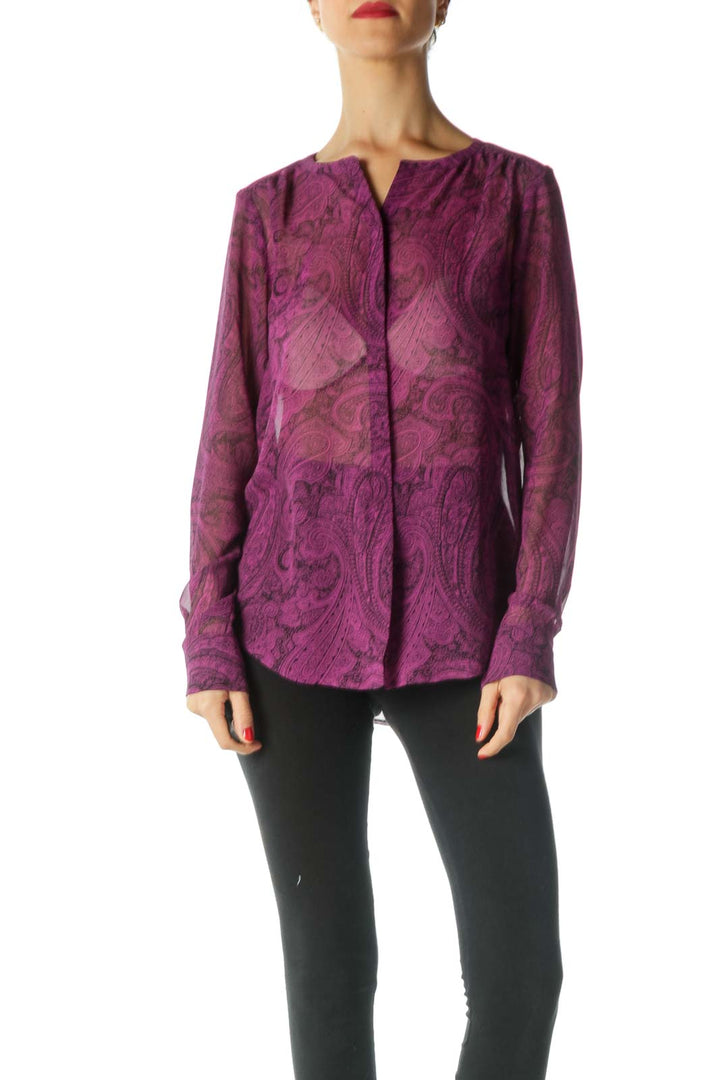 Black Purple Long Sleeve Paisley Print Blouse