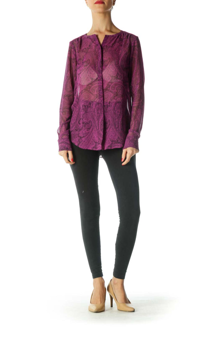 Black Purple Long Sleeve Paisley Print Blouse