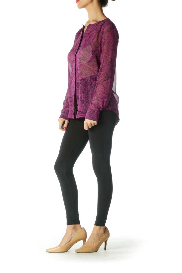 Black Purple Long Sleeve Paisley Print Blouse