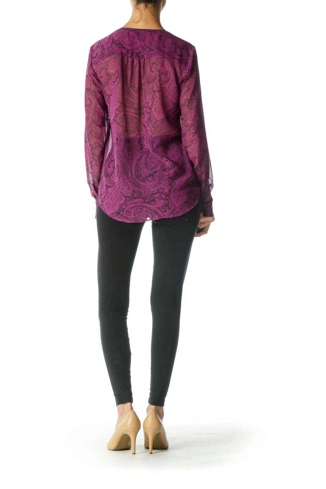 Black Purple Long Sleeve Paisley Print Blouse