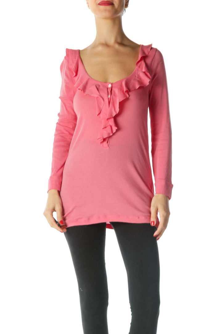 Pink Ruffled Collar Long Sleeve Shirt