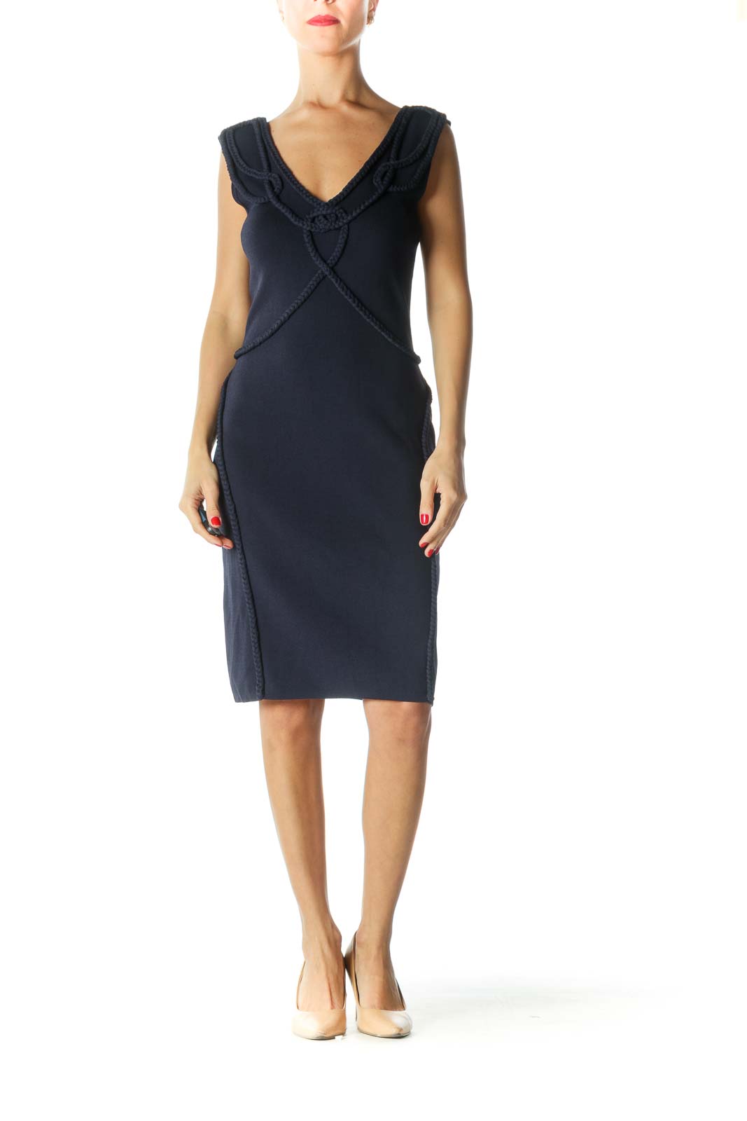 Navy Braided Knee-Length Dress