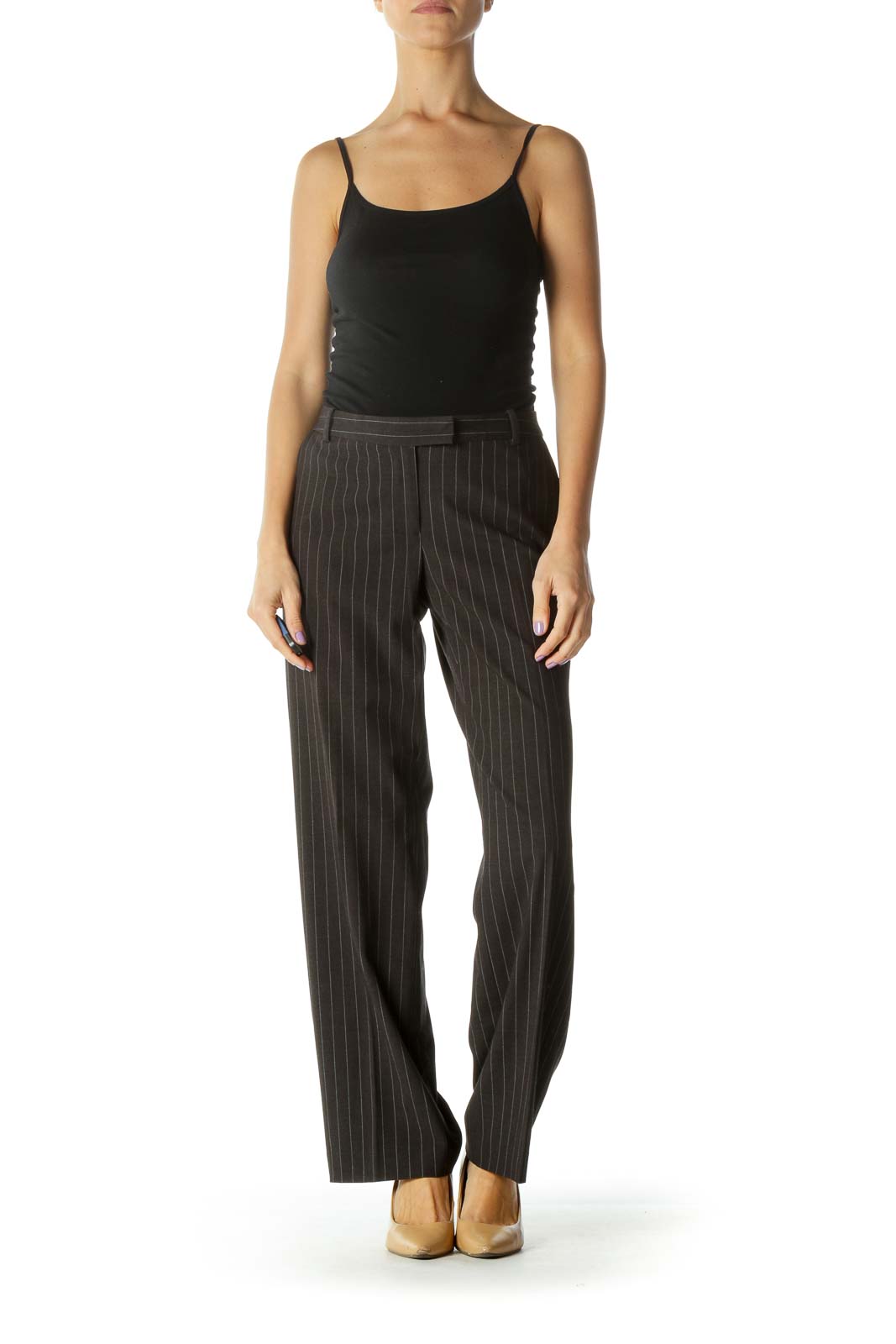 Black Pinstripe Straight-Leg Pants