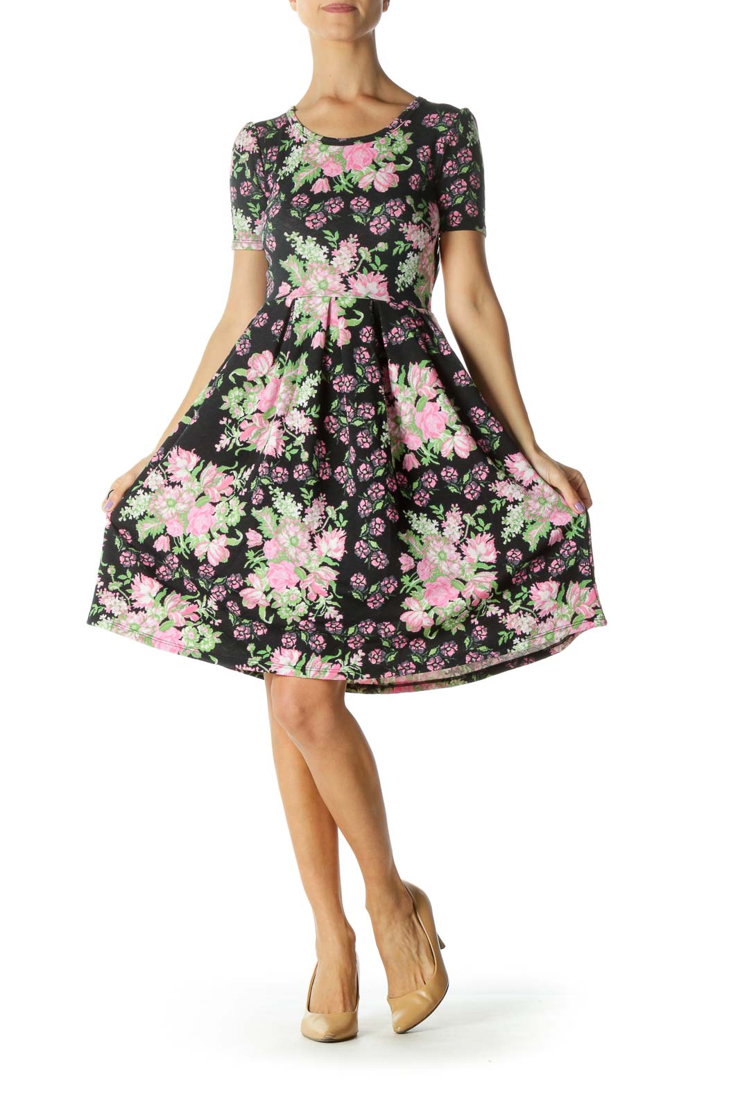 Black and Pink Floral Print A-Line Dress