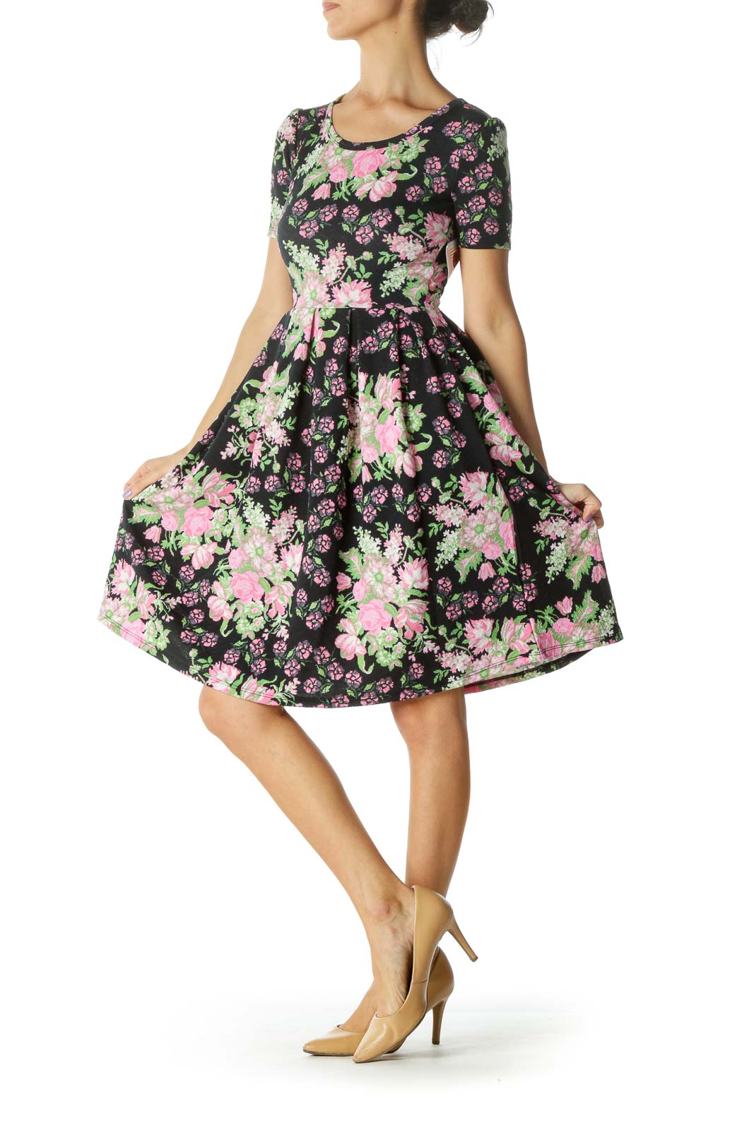 Black and Pink Floral Print A-Line Dress