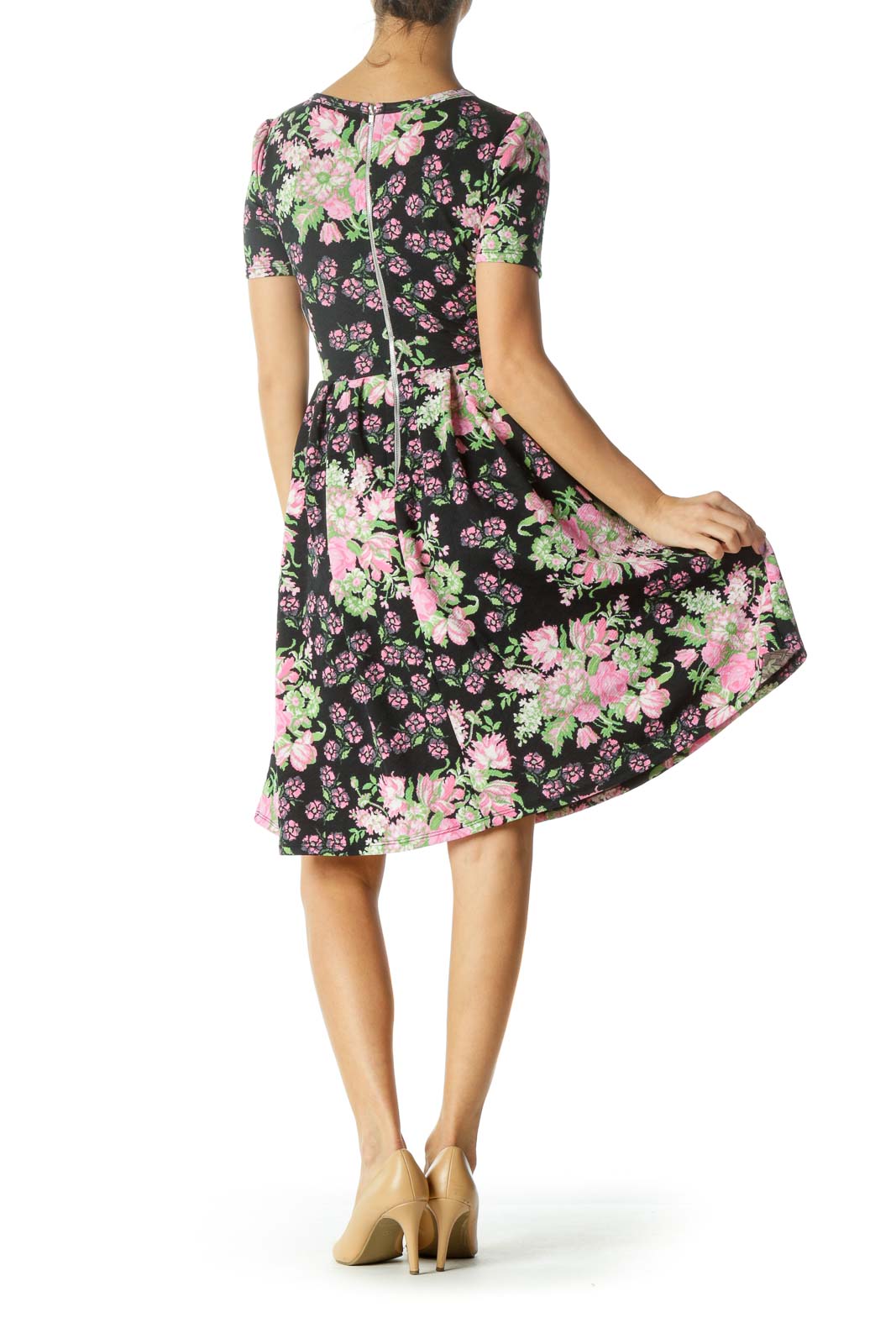 Black and Pink Floral Print A-Line Dress