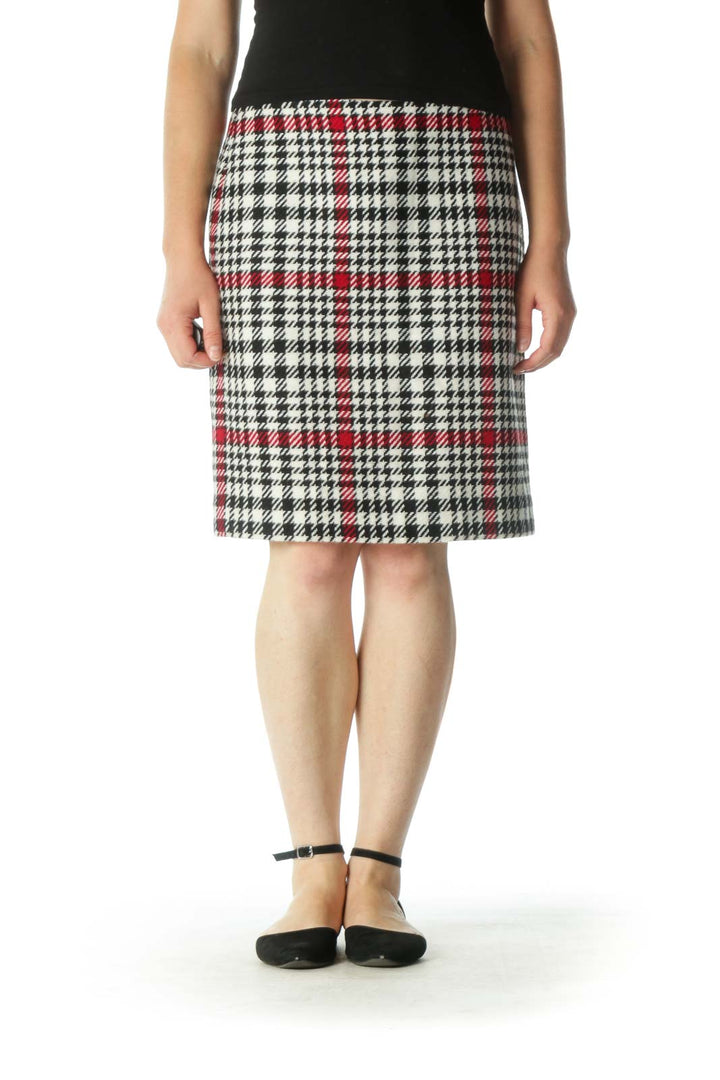 Black White Red Blend Wool Houndstooth Pencil Midi Skirt