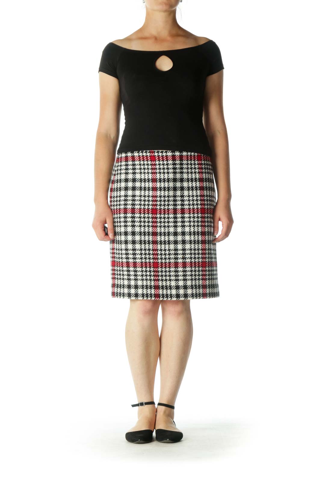 Black White Red Blend Wool Houndstooth Pencil Midi Skirt