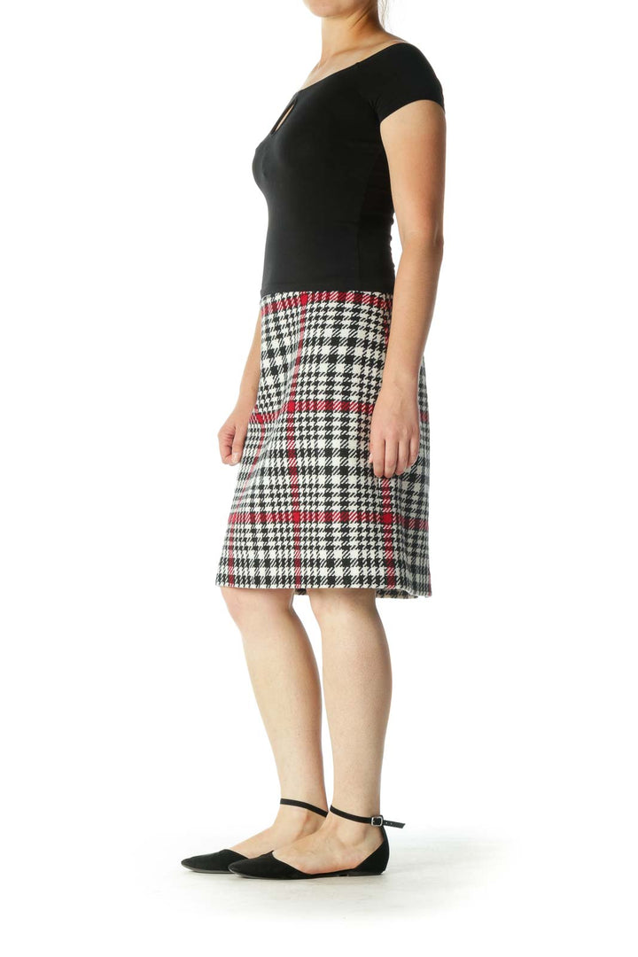 Black White Red Blend Wool Houndstooth Pencil Midi Skirt