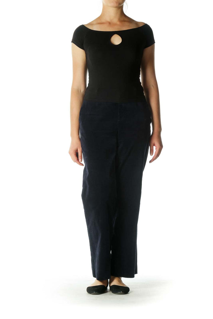 Navy Velvet Straight-Leg Pants