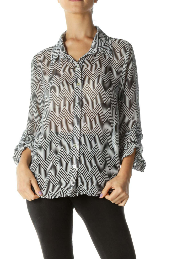 Black White Geometric Print Sheer Shirt