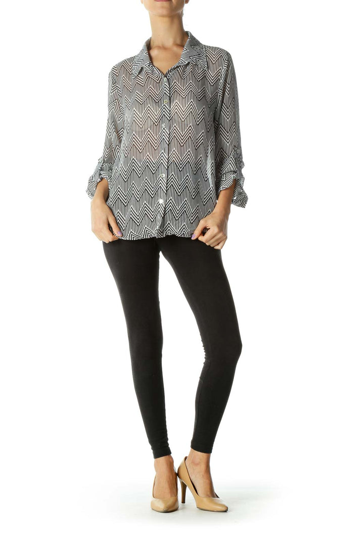 Black White Geometric Print Sheer Shirt